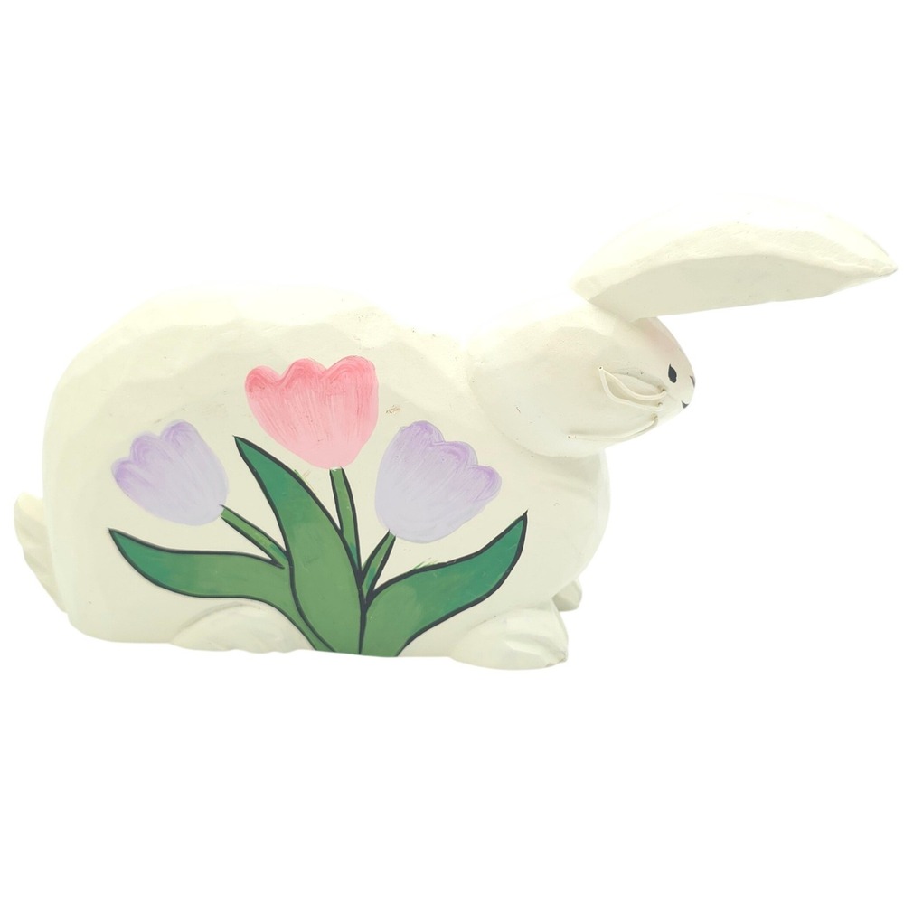 Vintage Wooden Bunny Figurine Hand Painted Tulip Floral Easter Decor Cream White